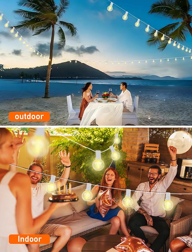 Outdoor LED String Lights 50ft - G40 Edison Bulbs with Clear Plastic Globes, Dimmable Waterproof Commercial Grade Fairy Lights for Wedding/Backyard/Cafe, Indoor Outdoor Party Decoration (Warm White)