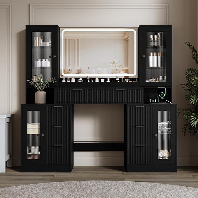 55" Vanity Desk with Mirror & Lights, Fluted Makeup Vanity with 8 Drawers & 4 Cabinets, Tempered Glass Top, RGB Cabinet Lighting, 3-Color Dimmable Mirror, and Charging Station (Matte Black)