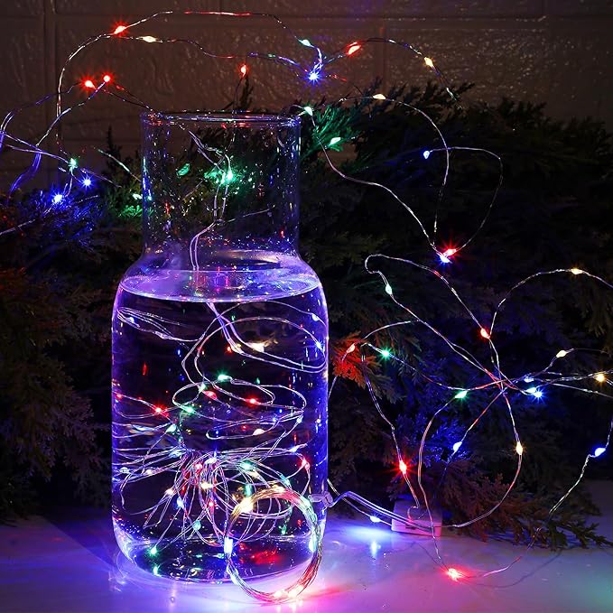 WATERGLIDE 12 Pack Colorful Fairy Lights Battery Operated (Included), 7 ft 20 LED Mini String Lights, Waterproof Silver Wire Firefly Starry Light for DIY Wedding Christmas Party Mason Jars Decor