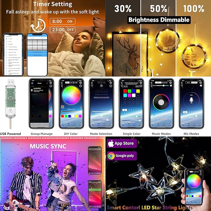 Bed Canopy with LED Star Lights, Black Canopy Bed Curtain with RGB Color Changing String Lights with Smart App Control Remote for Princess Girls Bedroom, Suggested for Twin Full Queen King Bed