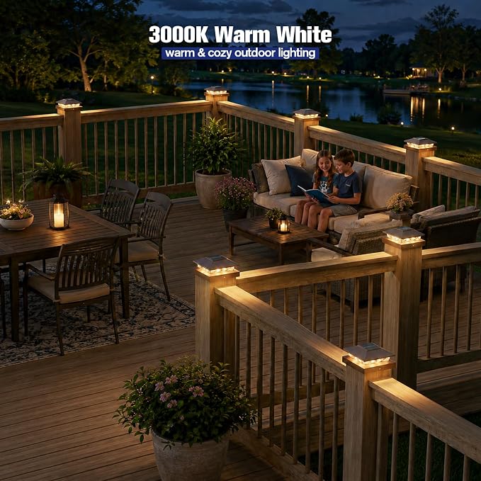 APONUO Solar Post Cap Lights for 4x4 Posts - IP64 Waterproof, 3000/6500K LED, Wireless Fence Lights & Deck Lights for Patios, Gardens, and Yards, Brown-Warm/Cool White, 8-Pack
