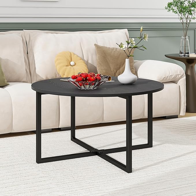 HOMERECOMMEND Round Coffee Table Nesting Tables for Living Room Tea Desk with Black Metal Legs Tea Table Balcony End Sofa Table Study,Black