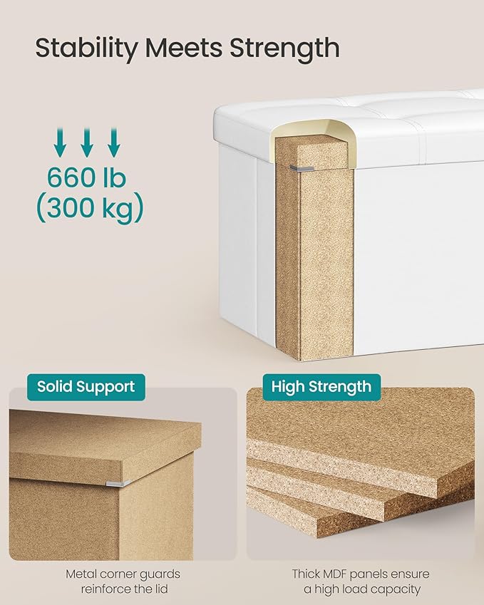 SONGMICS MAZIE Collection - 43 Inches Folding Storage Ottoman Bench, Ottoman with Storage, Foot Rest Stool, Load 660 lb, for Living Room, Synthetic Leather, White ULSF702