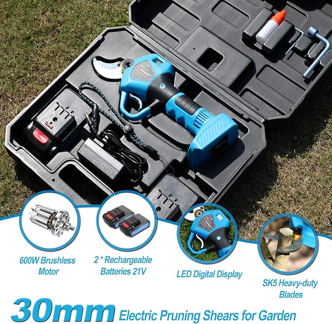 KOMOK Electric Pruning Shears with LED Display, Professional Cordless Electric Pruner, Battery Operated Pruners with 2 Lithium Batteries, 1.2" Cutting Diameter, 6-8 Working Hours for Efficient Pruning