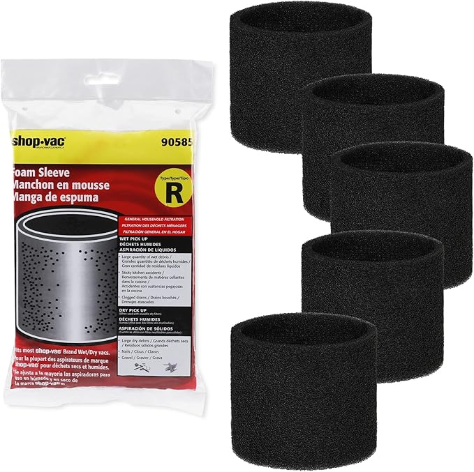 Shop-Vac 90585 Foam Sleeve Filter Replacements for Most Shop-Vac Wet/Dry Vacuum Cleaners 5 Gallon and Above, Replace Parts # 9058500, 5 Pack