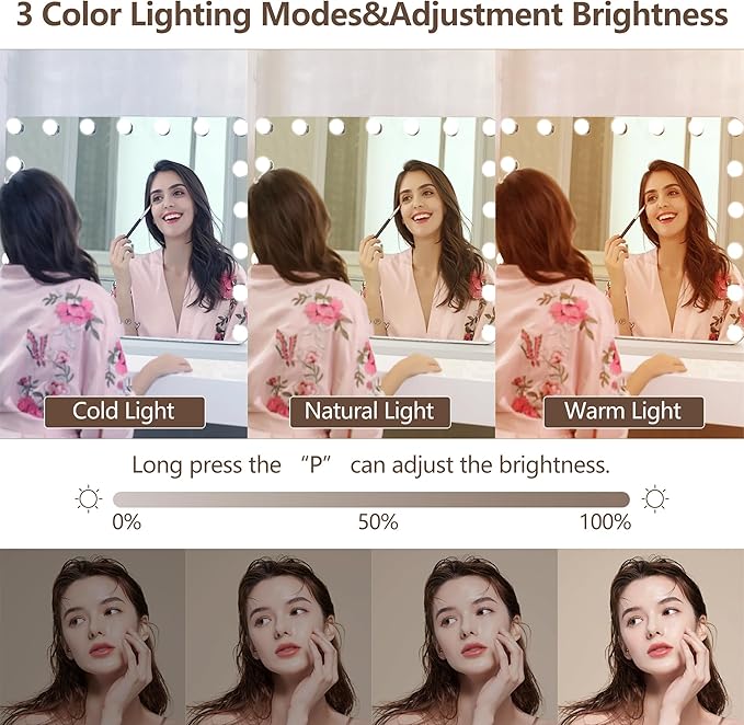 Hollywood Vanity Mirror with Lights, 17 Dimmable LED Bulbs 3 Color Lighted Makeup Mirror with Detachable 10X Magnification Mirror, Tabletop or Wall-Mounted, Touch Control