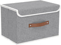 Yawinhe Storage Bins with Lids, Closet Baskets, Washable and Leather Handle, Collapsible Boxes for Home, Grey, 17.7''Lx11.8''Wx11.8''H, 1-Pack, USNK024GX-1