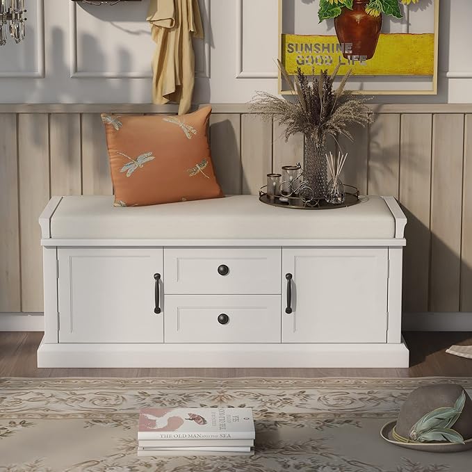 Entryway Storage Bench with Drawers & Cabinets — Cushioned Shoe Storage Bench for Hallway, Mudroom, or Living Room, Solid Wood Frame (White)