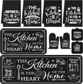 Fourluoo 10 Pcs Farmhouse Kitchen Decor and Accessories Set 4 Kitchen Towels 2 Pot Holders 2 Oven Mitts 2 Rugs for Cooking Baking Mom Housewarming Gifts(Black,Classic Style)