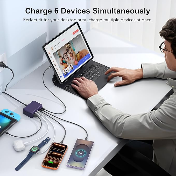 USB C Fast Charger, 100W GaN 6 Port Type C Charging Station Hub Block Cube, USB C Wall Charger Power Strip Adapter Plug for iPad iPhone 17 16 15 14 13 12 Pro Max Pixel Note Galaxy, 5ft Cord