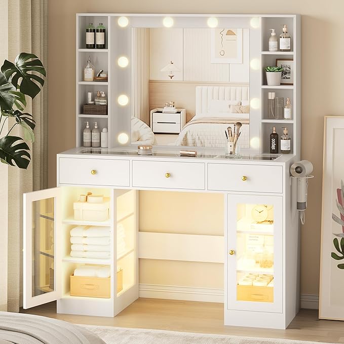 Makeup Vanity Desk with Mirror and Lights, Glass Top Vanity Table Set with Drawers & Power Outlet, Large Dressing Table with 3 Color Lighting Modes & RGB Cabinets for Women Girls Kids Bedroom, White