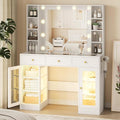 Makeup Vanity Desk with Mirror and Lights, Glass Top Vanity Table Set with Drawers & Power Outlet, Large Dressing Table with 3 Color Lighting Modes & RGB Cabinets for Women Girls Kids Bedroom, White