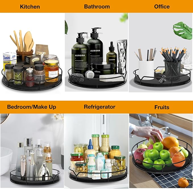 Lazy Susan Turntable Organizer for Cabinet Pantry Kitchen Countertop Refrigerator Cupboard, Pine Wood, 9", Black