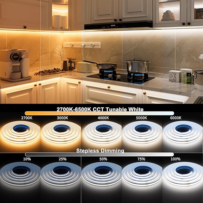 MIWISE CCT COB LED Strip Light Tunable White,20ft/6.1m Dimmable 2700K-6500K CRI90+ 24V LED Tape Light,for Under Cabinet Bedroom Kitchen DIY Lighting(Power Supply & Controller NOT Included)