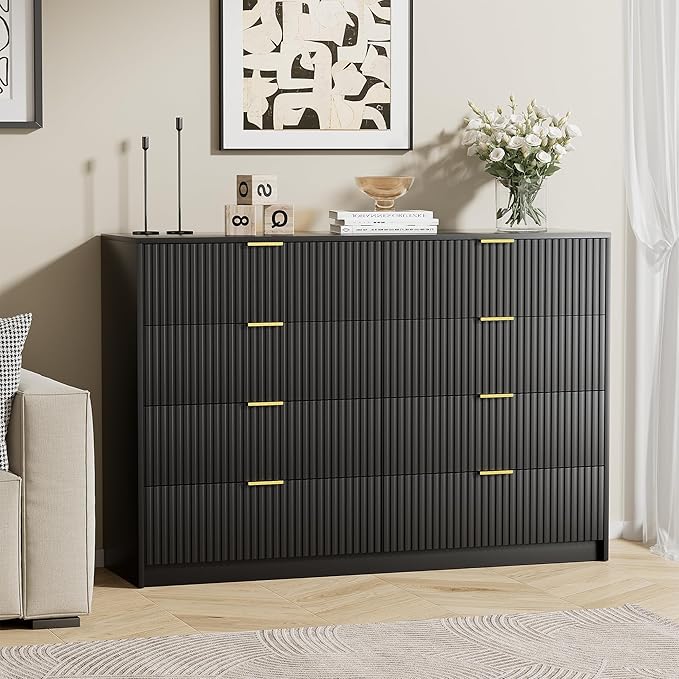 Black Dresser for Bedroom, Modern Dresser with 8 Drawers and Smooth Slides, Wide Chest of Drawers with Golden Handles for Bedroom, Closet, 15.7" D x 55" W x 37.4" H