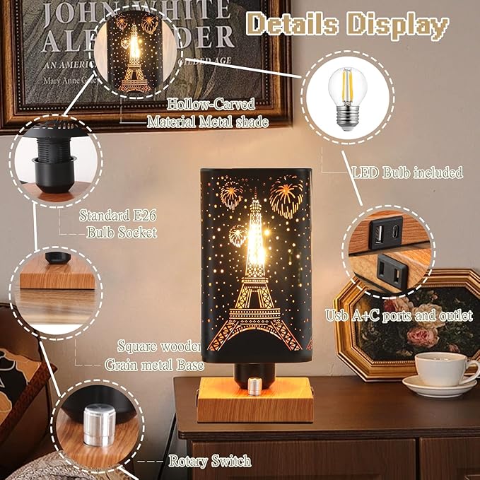 Industrial Table Lamp with USB Ports and Outlet, Rustic Dimmable Bedside lamp with Charging Station, Metal Square Shadow Nightstand Lamp, Night Light for Kids Bedroom Living Room End Tables