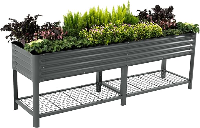 Elevated Raised Garden Bed-V Series, 2' x 8' Garden Beds with Legs & Storage Rack for Patio Porch, 1400 Lbs Weight Capacity, Outdoor Planter Boxes for Gardening Herbs Vegetables Flowers, Modern Gray