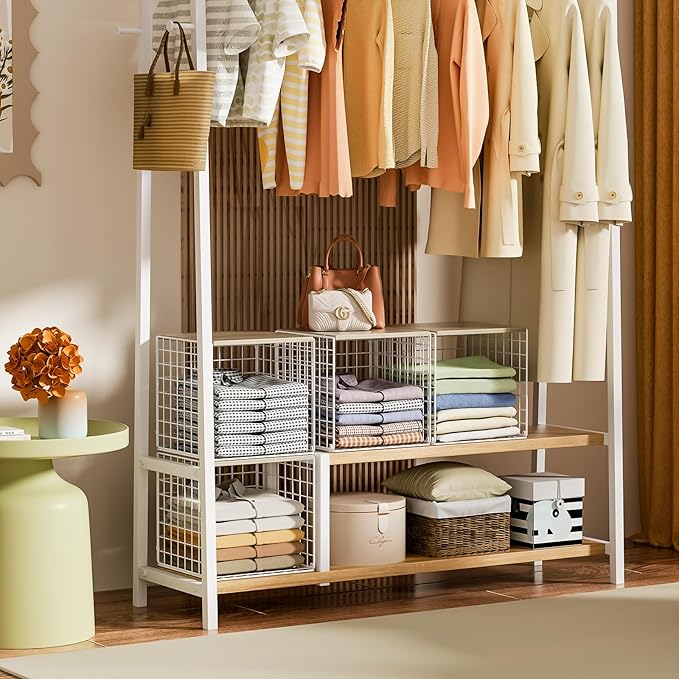 3PCS Stackable Closet Organizers and Storage, Closet Shelves with Wood Top Extra Storage, Clothes Storage Organizer Basket Bin/Cube for Home Wardrobe Organization(White-Sturdy Metal) Patent Pending