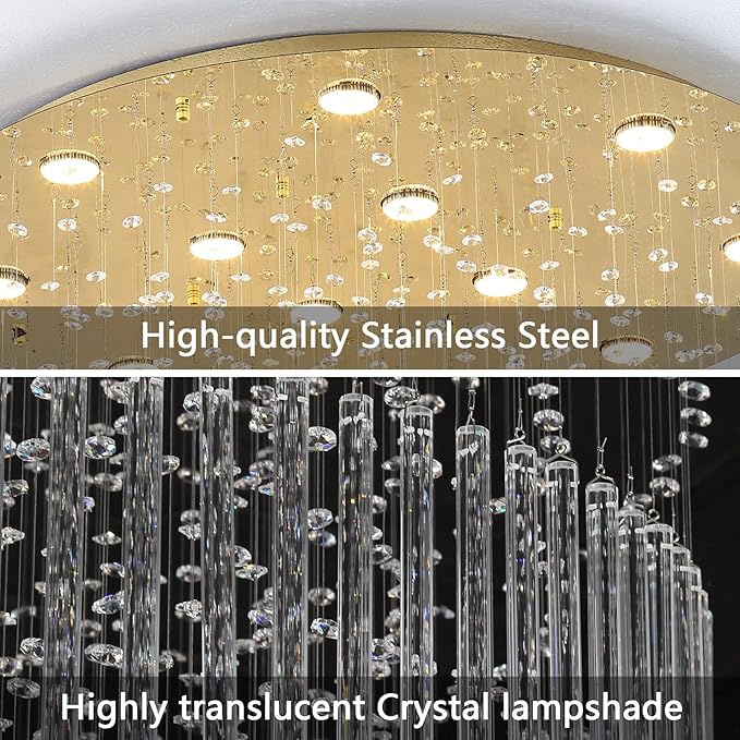 W32 x H120 Glam Chandelier with LED Bulbs Crystal Raindrop High Ceiling Pendant Light for Entrance Large Villa Chandelier Foyer Lighting Fixtures Gold