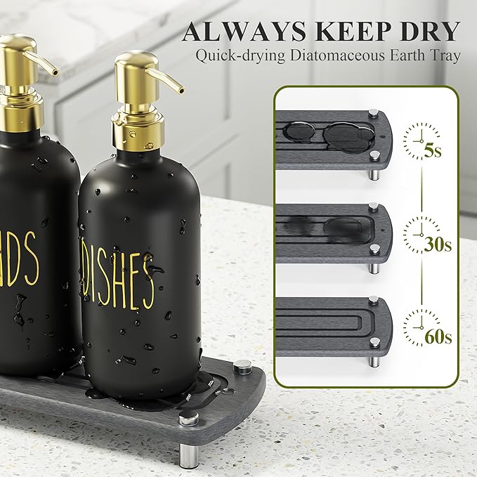 Cisily Kitchen Soap Dispenser Set Comes with Ceramics Sponge Holder, Gold Pumps, and Instant Dry Tray, Hand and Dish Soap Dispenser Set Suitable for Kitchen Decor and Accessories(Black & Gold)