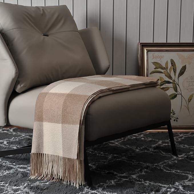 EP Mode 100% Pure Cashmere Throw Blanket for Sofa, Classic Design with Gift Box (Neutral Checkered)