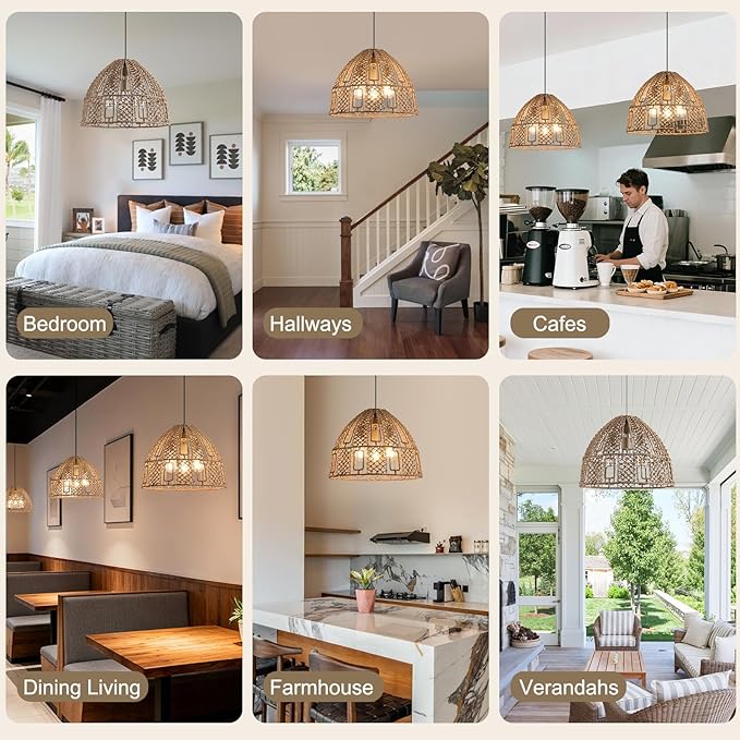 17.71" Rattan Pendant Light,Boho Hand Woven Wicker Hanging Light Seagrass Rattan Chandelier for Dining Living Bedroom
