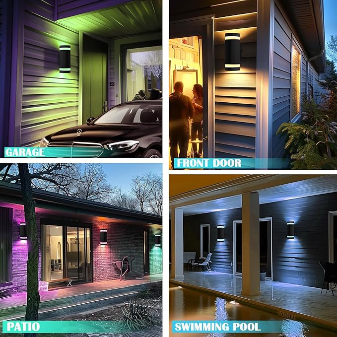 RGB Outdoor Wall Lights with RF Remote Control, Color Changing Porch Light, Up and Down Smart Wall Sconces with 2700k- 6500k RGB+CCT and 32 Modes-ETL Listed (2 Pack)