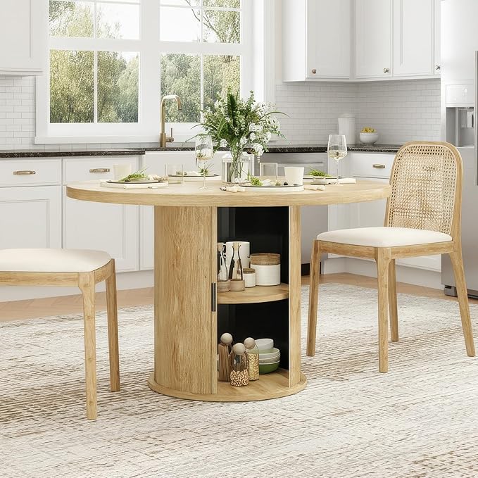 Farini 43" Round Dining Table for 4-6 with Storage Space,Modern Kitchen Room Table with Wood Top & Sturdy Metal Base,Natural