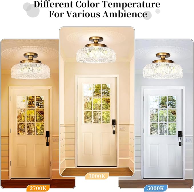 Lamomo Semi Flush Mount Ceiling Light, 3-Bulb Hallway Light Fixture, Antique Brass Gold Globe Glass Close to Ceiling Scone,Indoor Hanging Lantern for Bedroom Kitchen Porch Hallway,Bulbs Not Included