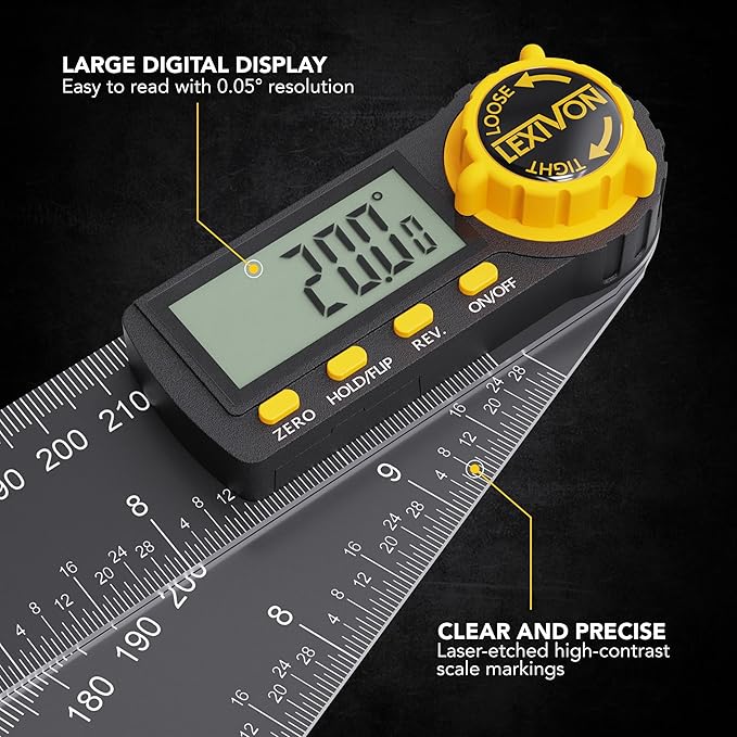 LEXIVON Aluminum Digital Angle Finder Gauge, 10-inch/250mm Multi-Purpose Protractor, Includes XL Display and Rugged Zippered Pouch (LX-DAF10)