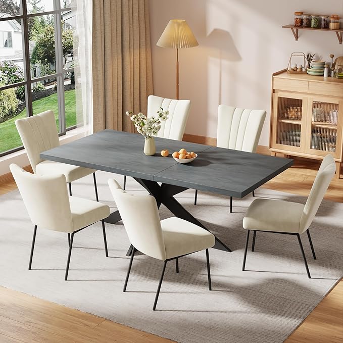 ZckyCine Dining Table Set for 6, Modern 78'' Dark Wood Dining Table and Fabric Dining Chairs Set of 6,Table and Chairs Set of 6,Ideal for Kitchen Dining Room