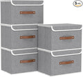 Yawinhe Storage Bins with Lids, Closet Baskets, Washable and Leather Handle, Collapsible Boxes for Home, Grey, 17.7''Lx11.8''Wx11.8''H, 5-Pack, USNK024GX-5
