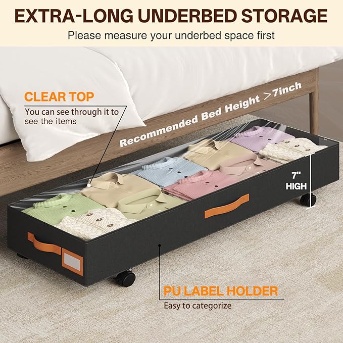 Under Bed Storage with Wheels 39inch, Extra Long Under Bed Storage Bins, Low Profile Under Bed Storage 5.5inch Height No Assemble Storage Containers, Under Bed Shoe Storage with Lids