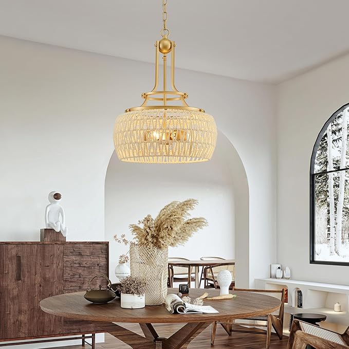 WUZUPS Rattan Boho Chandelier Rustic Farmhouse Industrial Round Coastal Hanging Pendant Light Fixture Wicker Lampshade for Dining Room Kitchen Island Foyer Entryway, H 19.6" x W 15.9", Gold