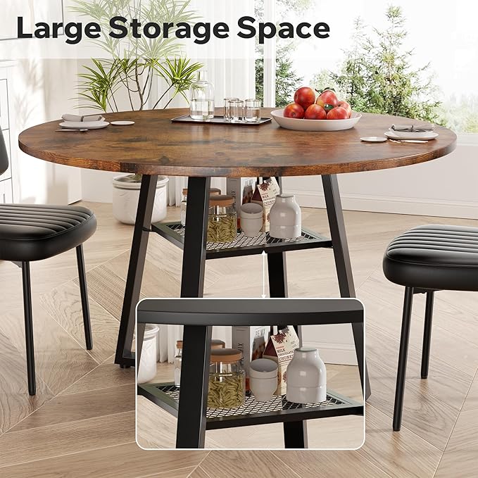Round Dining Table for 4-6 People,47 Inch Dining Room Table,Modern Circle Kitchen Table with Storage Shelf and Metal Legs for Dining Room,Kitchen,Vintage(Table Only)
