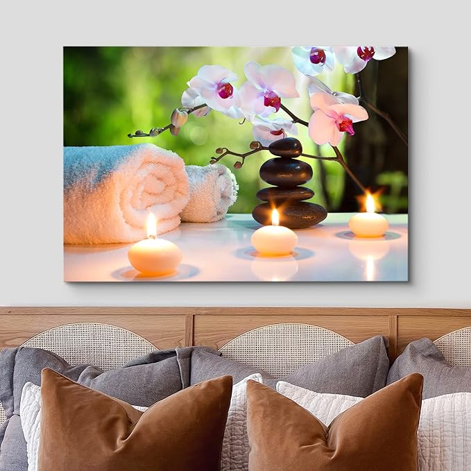 wall26 Canvas Print Wall Art Massage Stones, Candles & Orchid Flowers Floral Botanical Photography Realism Tropical Zen Colorful Multicolor Ultra for Living Room, Bedroom, Office - 16"x24"