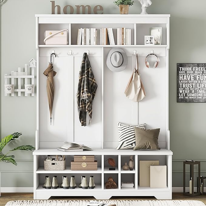 Modern Entryway 3-Tier Hall Tree, Coat Rack with Shoe Storage, Bench Seat, 6 Metal Hooks and Open Shelves, for Organized Homes (White)