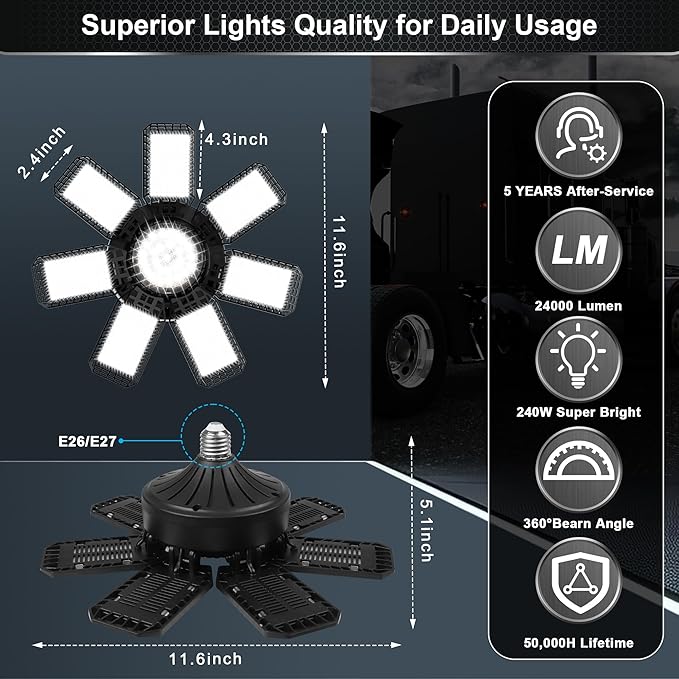 2 Pack LED Garage Light, 240W 24000LM 6500K LED Shop Lights, Garage Lights Ceiling Led with 7+1 Deformable Panels, E26/E27 Bulb Socket Lighting for Shop, High Bay, Attic, Basement, Warehouse