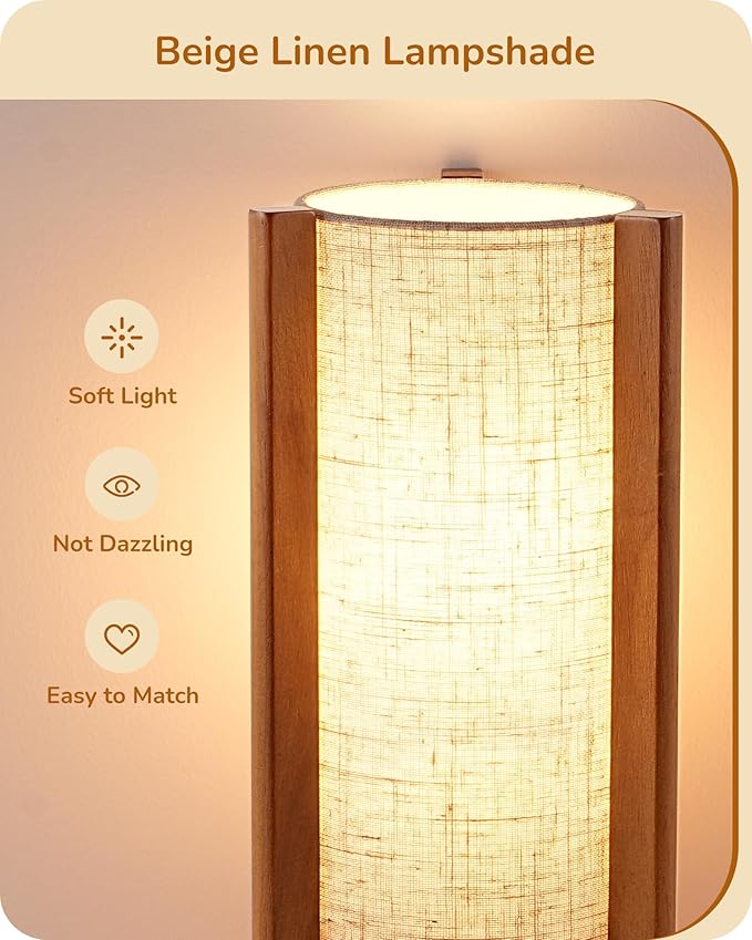 EDISHINE 13.5" Small Table Lamp, Walnut Wood Cylinder Nightstand Lamp for Bedroom, Beige Linen Shade, Corner Modern Bedside Lamp for Living Room, On-Off Line Switch, E26 Base (Bulb Not Included)