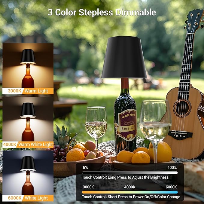 2 Pack Wireless LED Wine Bottle Lamp with Stopper - 3 Color Stepless Dimming Rechargeable Touch Lights for Liquor Bottles - Black