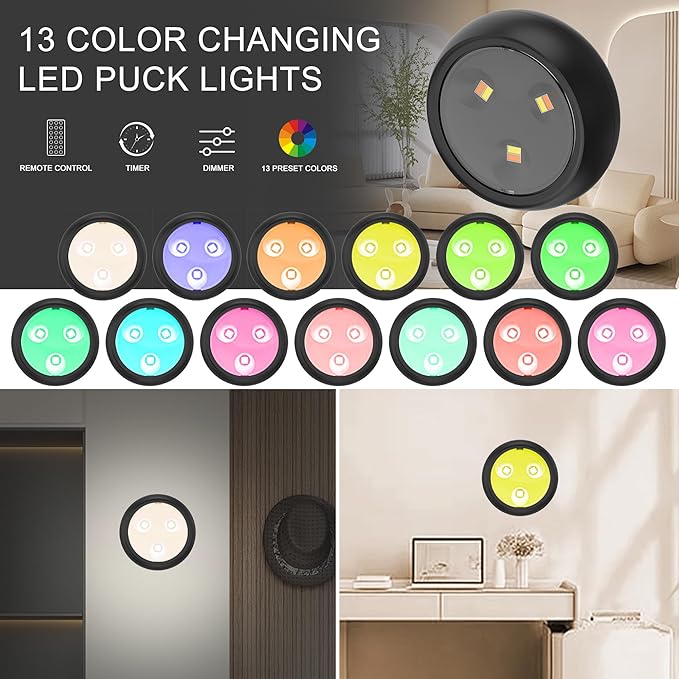 Puck Lights, 13 Colors Changeable LED Puck lightings Battery Powered Dimmable Under Cabinet Lights, Battery Powered Under Counter Lights with 2 Wireless Remote Controls for Kitchen