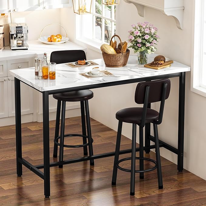 DKLGG 47" Rectangle Dining Table Set for 2 With MDF Tabletop & PU Leather Chairs - Bar Pub Set for Small Space Kitchen, Living Room, Apartment, White