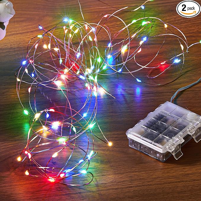 2 Pack 16.4 Ft. Battery Operated Outdoor String Lights with Remote & Timer, LED Multi Color Fairy Lights, Waterproof Twinkle Lights for Bedroom, Dorm, Mason Jar, Wedding, Party, Christmas