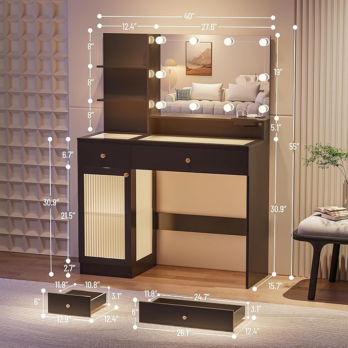 40" Vanity Desk with Large Mirror and Lights, Modern Glass Top Makeup Vanity Set with Power Outlet, Drawers and Cabinet, 3 Lighting Color Adjustable Dressing Table for Bedroom, Black