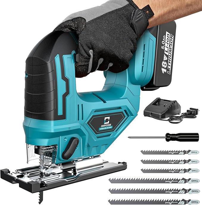 Jigsaw Compatible With Makita 18V Battery, Cordless jig saw tool, 0°- 45° Bevel Cuts, LED Light with 3 Position Orbital Setting for Cutting (With 5Ah Battery & Charger Station Kit)