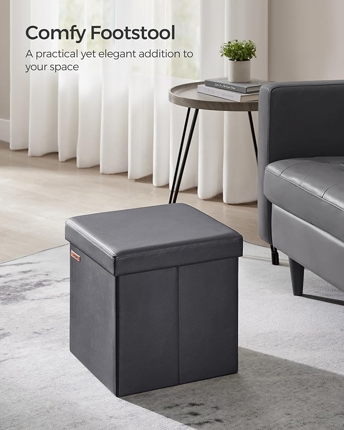 SONGMICS Mazie Collection - 15 Inches Ottoman with Storage, Footstool, Storage Ottoman, Load 660 lb, for Dorm, Living Room, Bedroom, Synthetic Leather, Dark Gray ULSF010G01