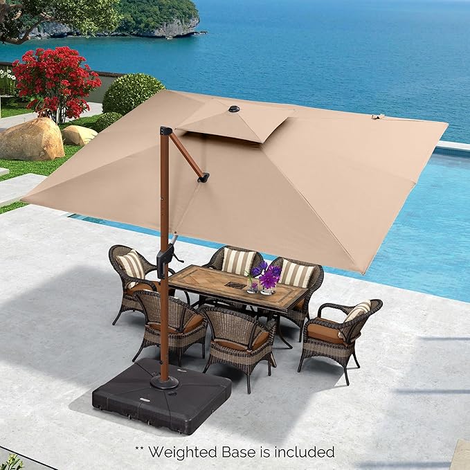 PURPLE LEAF 9' X 12' Double Top Deluxe Wood Pattern Rectangle Patio Umbrella with Base Offset Hanging Umbrella Outdoor Market Umbrella Garden Umbrella, Beige