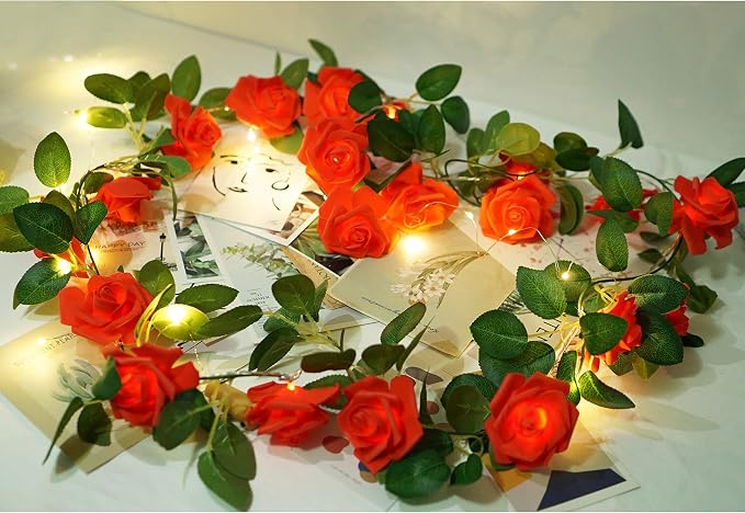 Rose Vine Lights with Remote, Battery or USB Operated Artificial Flower Garland, Hanging Fairy Lights for Bedroom Headboard, Valentine‘s Day, Wedding, Romantic Party Décor (Red, 6.6)