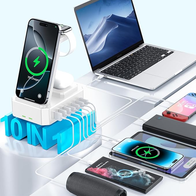 300W Charging Station for Multiple Devices Apple, Zutspzss 10 in 1 Wireless Charger for iPhone 17, GaN III USB C 65W PD Fast Charging Stand Dock for MacBook, Apple Watch&Airpods,White