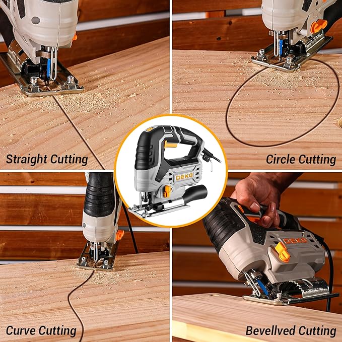 Jig Saw Corded: DEKOPRO Electric Jigsaw Tool Power Jig Saws for Woodworking, Wood Cutter Hand Tool with 6 Variable Speed, 4 Orbital Settings, ±45° Bevel Cutting, Tool-less Blade Quick Release